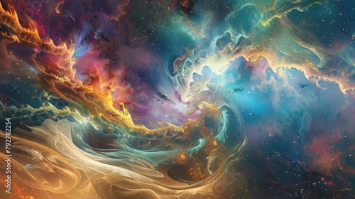 An abstract representation of cosmic energy, with vibrant patterns and luminous waves intertwining to form a celestial tapestry of unparalleled beauty. photo