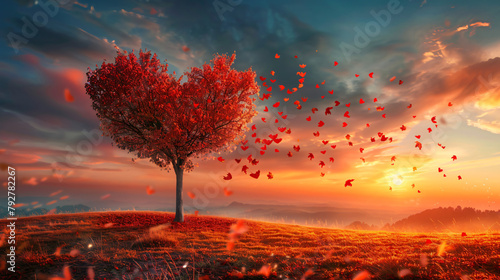 Tree of love. Red heart shaped tree at sunset. 