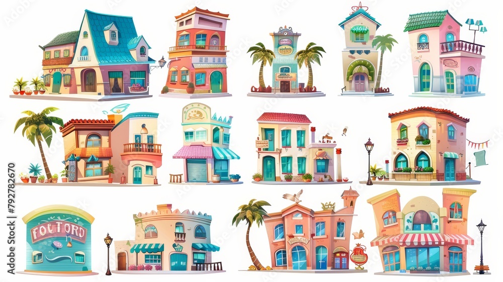 Retro residential buildings with small shops and cafes, set cartoon modern illustration. Vintage houses with restaurants, bakeries, or local shops isolated on white.