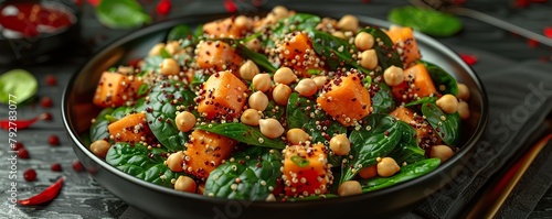 Top view of a black bowl with avocado quinoa sweet potato spinach and chickpea salad 