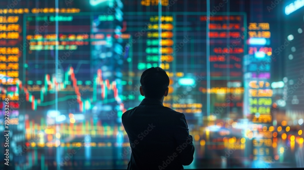 An investor studies a large screen filled with global market data An investor studies a large screen filled with global market data