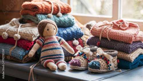 A Colorful Collection of Knitwear with Booties, Scarves and a Handmade Doll in the Natural Light of a Window on a Winter Afternoon. © Levi de Oliveira