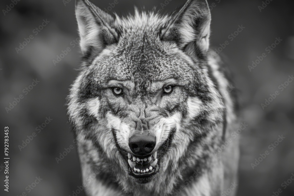 Angry Wolf with Wild Stare. Closeup Greyscale Shot of Fierce Animal with Blurred Background and Bared Teeth