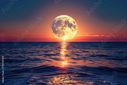 Aquatic Mirror Image of Moon and Sun Rising over Horizon at Dawn. Discs of Night and Day Reflected in Sea photo