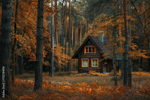 Beautiful Autumn Landscape of Forest with Cabin in the Natural Environment photo
