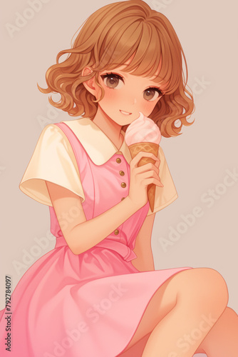 Girl with big eyes in a dress with ice cream, anime style. Vertical orientation.