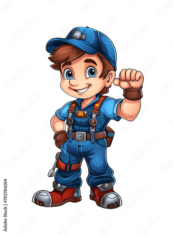 Animated, smiling young mechanic in blue overalls and a safety helmet, with a hammer tucked in his belt. Generative AI