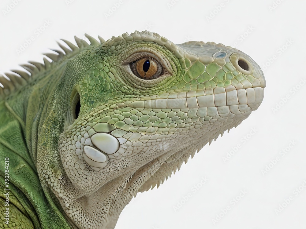Fototapeta premium A close up portrait of a Green iguana (Iguana iguana) on a white background; Limon province, Costa Rica 4K Genrative AI,, cutout and white background