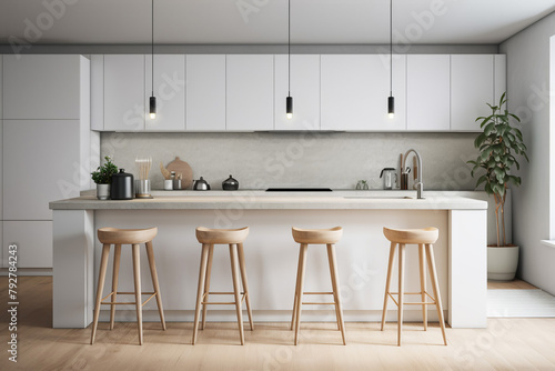 Minimalistic light interior of modern kitchen with island and high chairs
