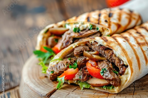 Beef Shawarma Sandwich with Grilled Meat, Mushrooms, and Cheese. Traditional Middle Eastern Snack on a Fresh Pita Roll, Enclosed with Lavash. Wooden Background