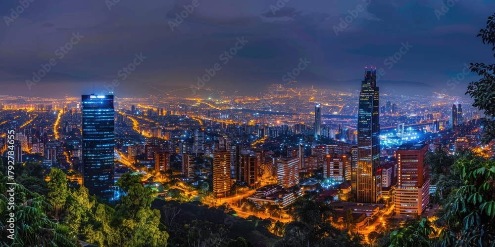 City, Capital of Colombia Skyline at Night. Downtown Skyline with Panoramic City Landscape, Urban Architecture, Skyscrapers Panorama City, Capital of Colombia Skyline at Night. Downtown Skyline with Panoramic City Landscape, Urban Architecture, Skyscrapers Panorama