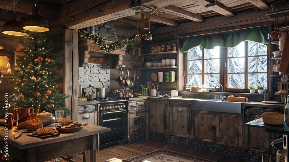 cozy kitchen in wooden cabin, table in foreground with gingerbread cozy kitchen in wooden cabin, table in foreground with gingerbread