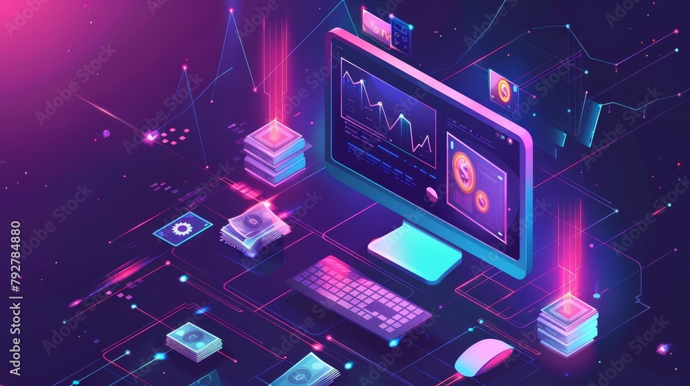 The concept of recurring income with isometric icons and graphs on a ...