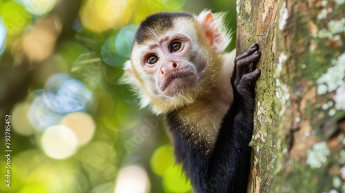 Close-up of a Cute Capuchin Monkey in the Costa Rican Forest - Exotic Animal Free in Nature photo