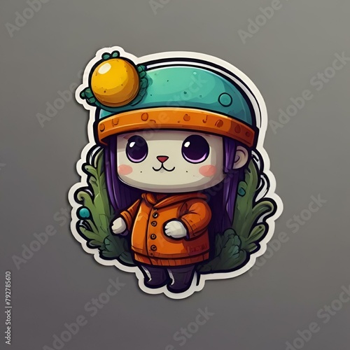 AI illustration of a sticker in green hat and coat holds a branch