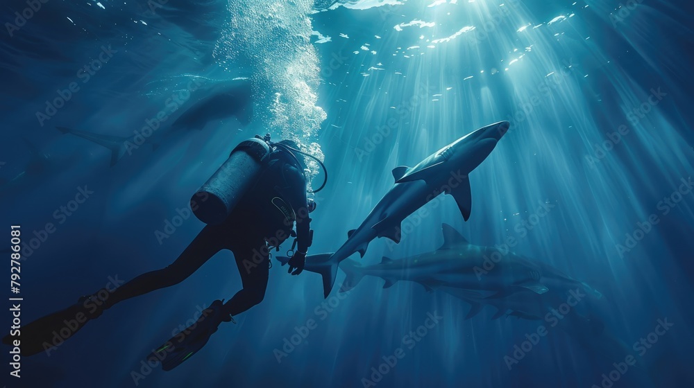 Scuba diver surrounded by sharks in the deep blue sea Scuba diver surrounded by sharks in the deep blue sea