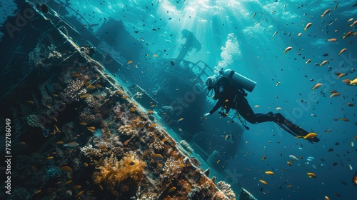 Scuba diver exploring a shipwreck in the deep blue sea.