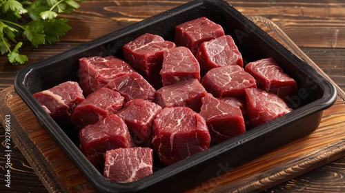 Cubed Steak on Foam Tray. Fresh Raw Beef Meat for Delicious Food Prep