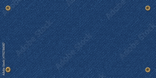 Denim blue jean textile with brass pins vector illustration. Regular blue jean pattern background.