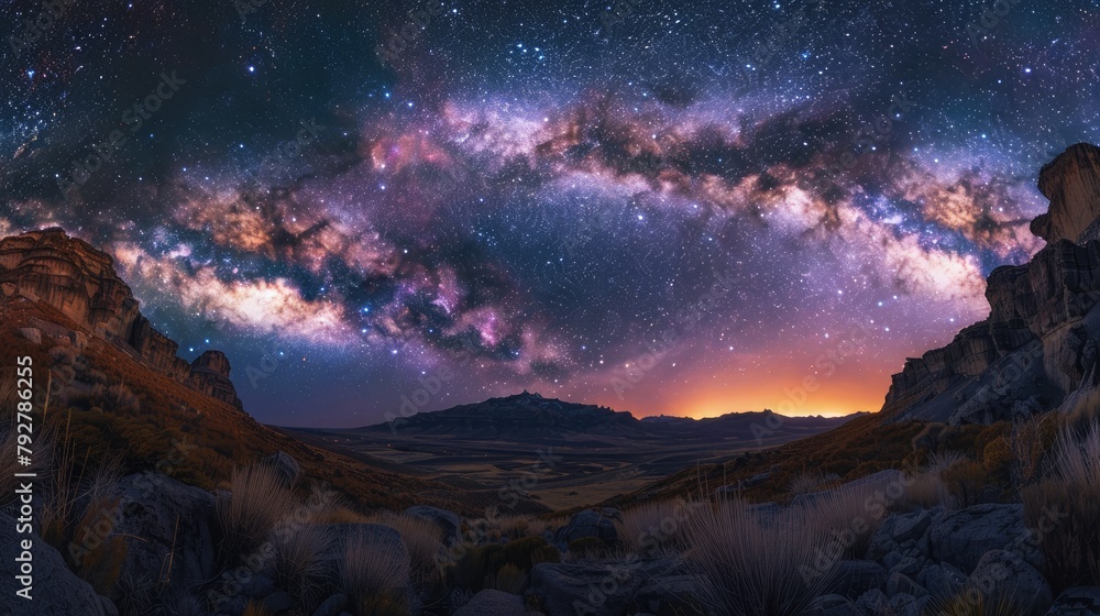 The Milky Way stretches across the sky above a rugged mountain landscape. The Milky Way stretches across the sky above a rugged mountain landscape.