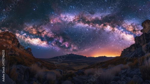 The Milky Way stretches across the sky above a rugged mountain landscape. photo