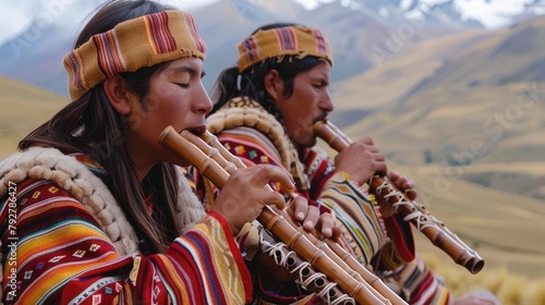 Two men play traditional Andean panpipes in the mountains. photo