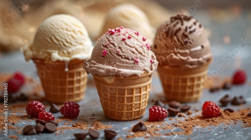 Sweet Indulgence: Three Scoops of Ice Cream With Raspberries and Chocolate Chips. Generative AI