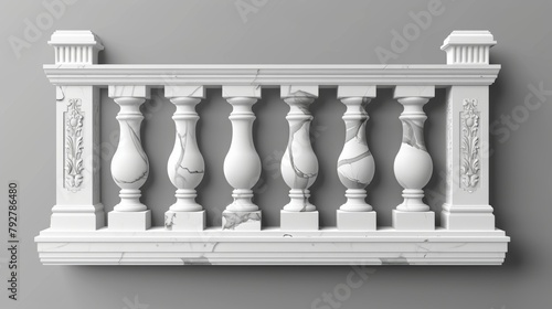 Realistic 3D modern illustration of marble balustrades, white balcony rails, or handrails. Banister or fencing sections with decorative pillars. Panels for architecture design isolated elements.