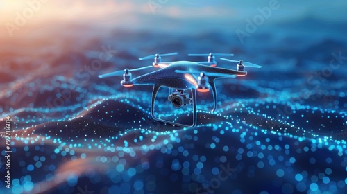 Digital low poly 3d drone flying over landscape