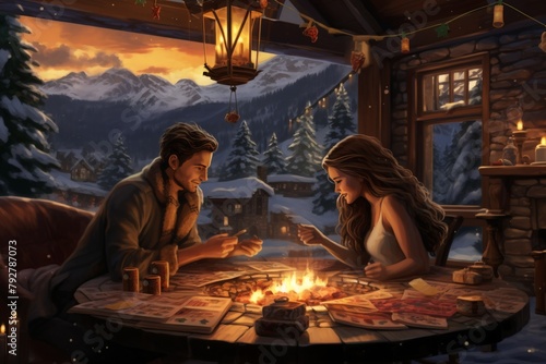 A couple is playing board games in a cozy cabin. The cabin is located in a snowy mountain setting.