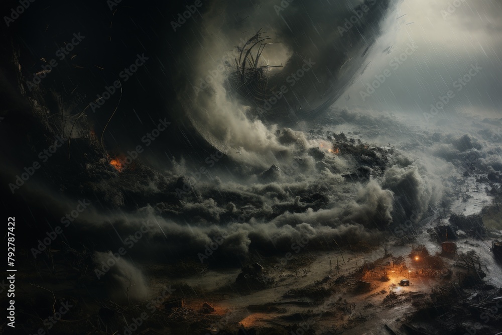 A dark fantasy painting of a massive tornado destroying a city. A dark fantasy painting of a massive tornado destroying a city.