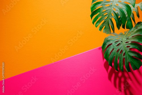 Vivid colorful summer background with monstera leaf. Vibrant orange and pink color studio scene with geometry shape and palm for product podium stand showroom mockup.
