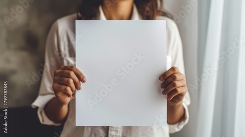 A hand holding a white blank paper sheet mockup, isolated. An arm in a shirt holding a clear brochure template mockup. Design of the leaflet document surface. Simple pure print display showing client photo