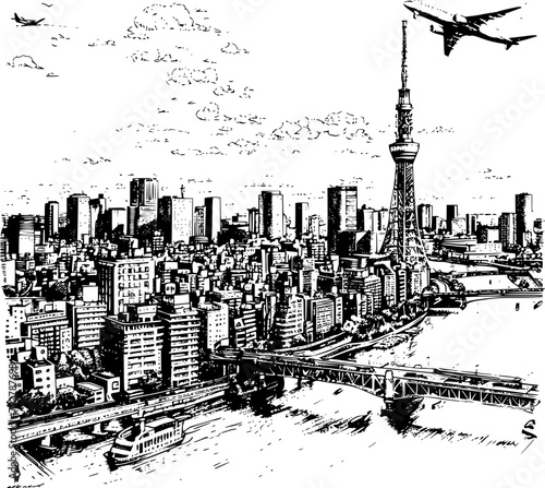 2D Tokyo Illustration, 2D Drawing of Tokyo Skyline on White Background