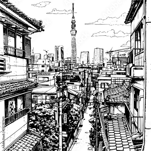 Tokyo Skyline City Sketch, Illustration Print of Tokyo