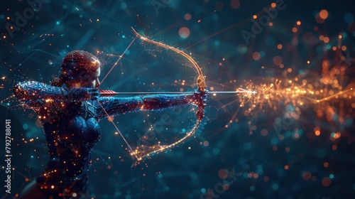 Digital close-up human hand holding a bow arrow and it is aiming at a target photo
