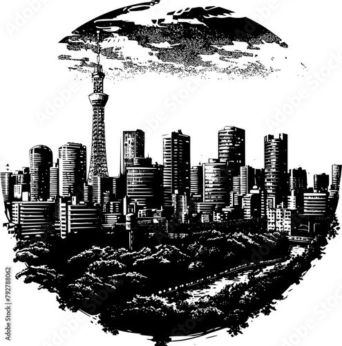 Downtown Illustration of Tokyo, Black and White Drawing of Downtown Tokyo