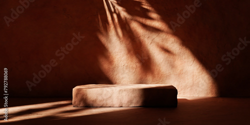 Dark stone podium with palm shadow on textured clay wall. Summer background in tropical style for brand product placement mockup. Natural material aesthetic room.