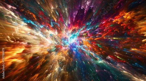 An abstract representation of a supernova explosion  with colorful shockwaves rippling through space in a spectacular display of cosmic power.