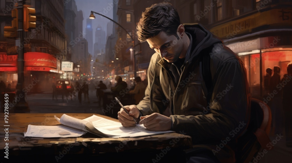 man sits table busy street, writing his journal. wearing casual outfit pensive look his face. street full people buildings background man sits table busy street, writing his journal. wearing casual outfit pensive look his face. street full people buildings background