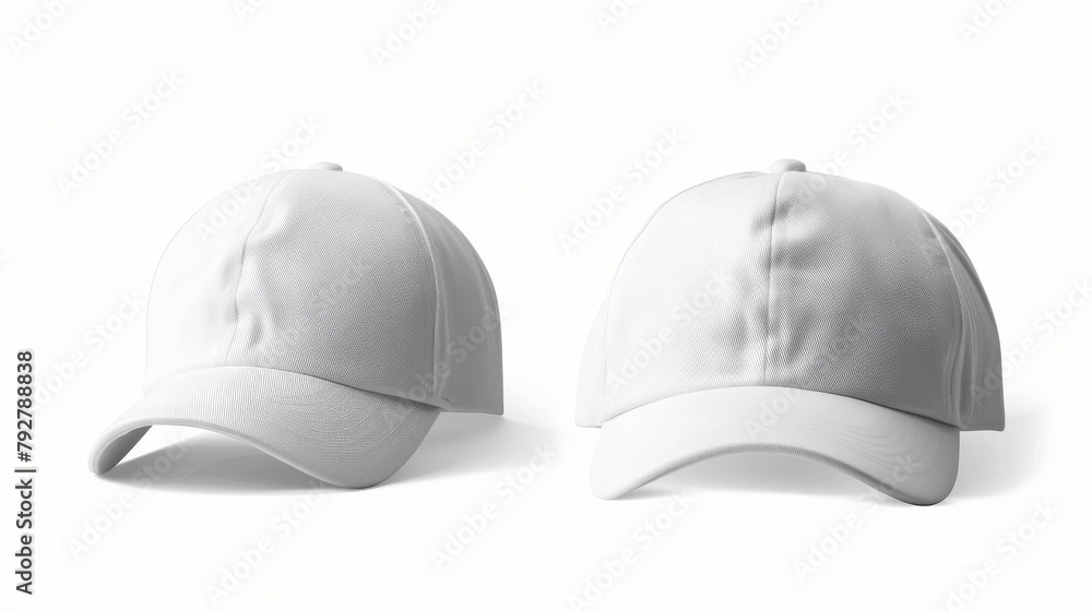 There are two views of the white baseball cap on a white background. A front view and a side view can be seen. There are two views of the white baseball cap on a white background. A front view and a side view can be seen.