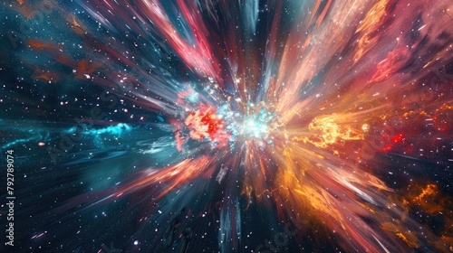 An abstract representation of a supernova explosion, with colorful shockwaves rippling through space in a spectacular display of cosmic power.