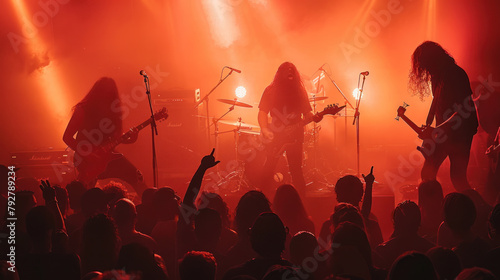 Death metal musicians playing on red lit scene
