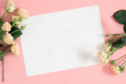Blank white paper, bouquet of light beautiful cream roses on pastel pink background. Festive flower composition. Top view, flat lay.