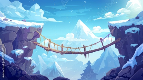 The bridge hangs above a cliff in a landscape of snowcapped peaks. Wonderful scenery nature view, ropework with wooden crossbars connects rocky edges. Modern illustration of a bridge between photo