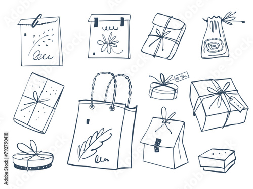 Gift wrapping. Doodle-style linear drawing. Vector