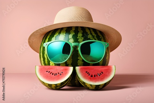 A watermelon with a slice cut out  straw hat and sunglasses on solid pink background. photorealistic style. perfect for summer  healthy eating or quirky food themes. generative ai