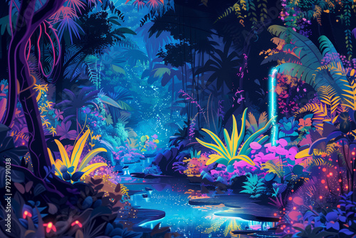 Bioluminescent River in Forest with Vibrant Vaporwave Jungle Flora  Cartoon Jungle Scene with Punchy Vectors and Colorful Fantasy