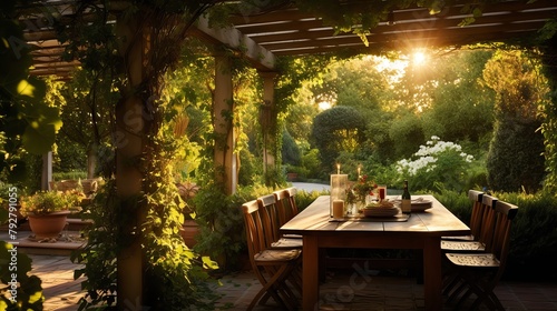 A rustic vinecovered pergola in a lush garden, with sunlight filtering through the leaves, creating a tranquil and romantic outdoor dining area photo