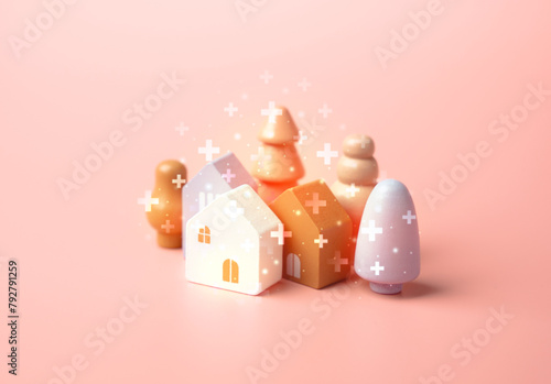 Houses with improvement or replenishment benefits on a pink background. Wooden figurines toys. Buy a house. Good housing. Mortgage. Pastel pink colors.